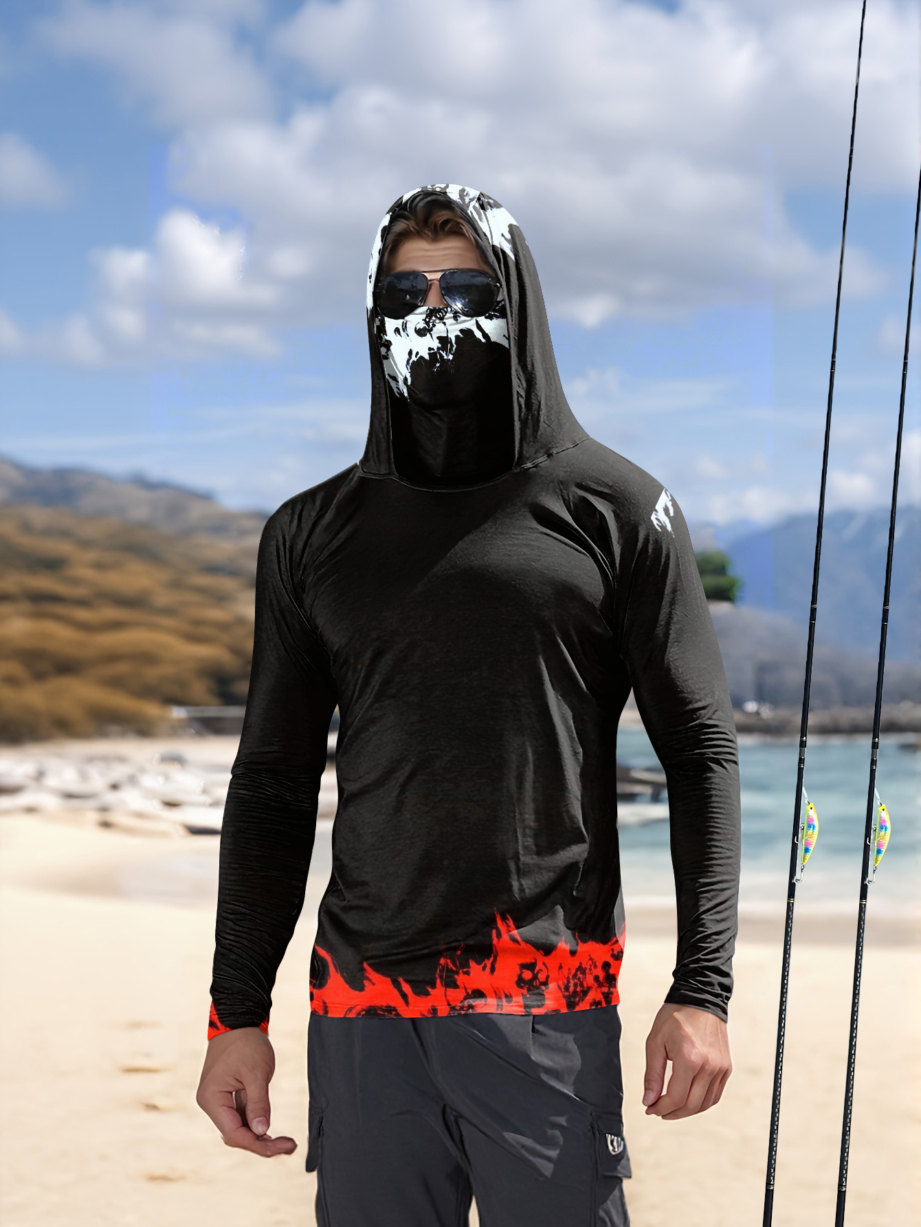 Fishing Shirt Uv Protection - Herren-Fischerhemd mit Kapuze, langärmelig, Angelbekleidung, Angel-T-Shirt,